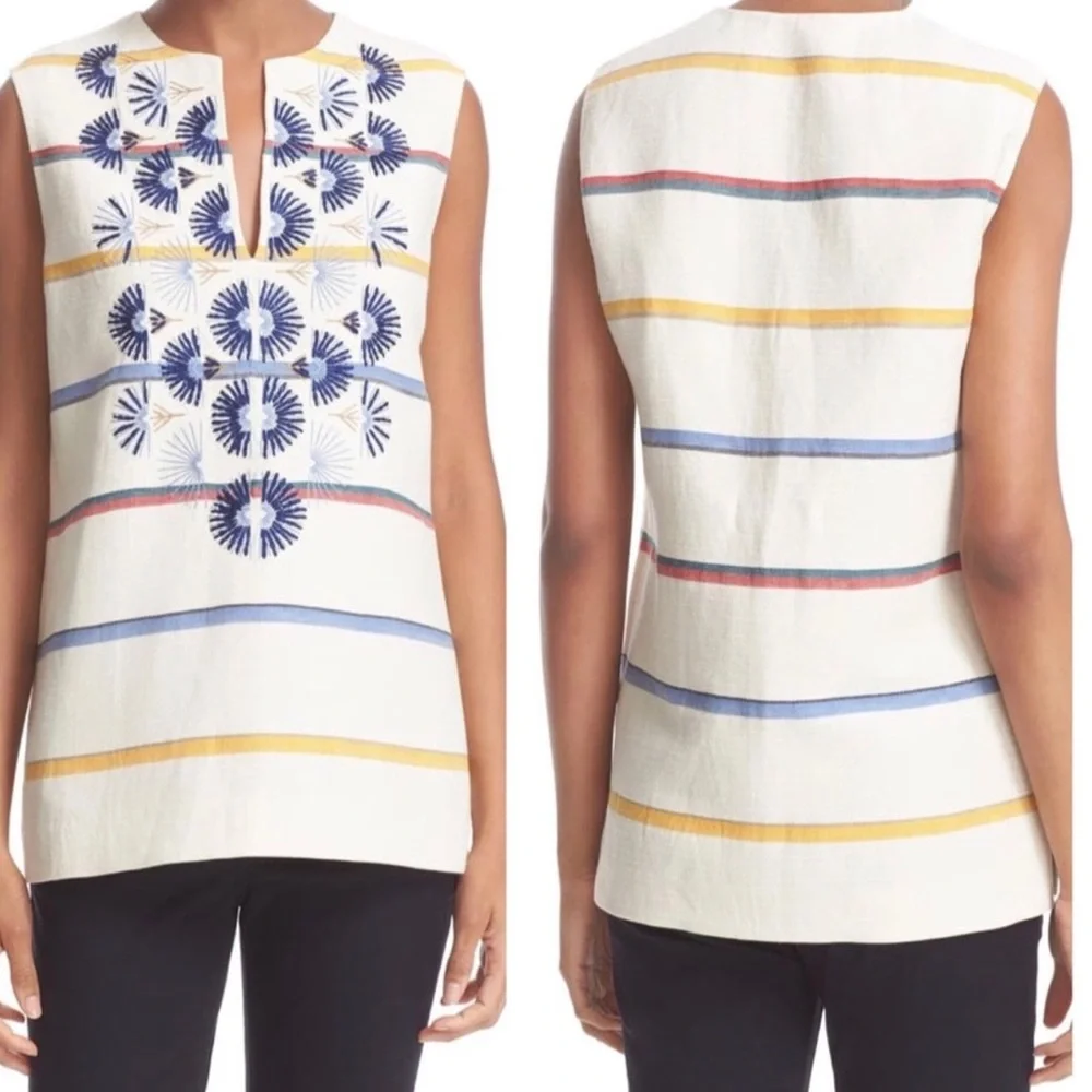 Tory Burch Avery Sleeveless Tunic Top Linen Blend Beige High Low Hem Sz 4